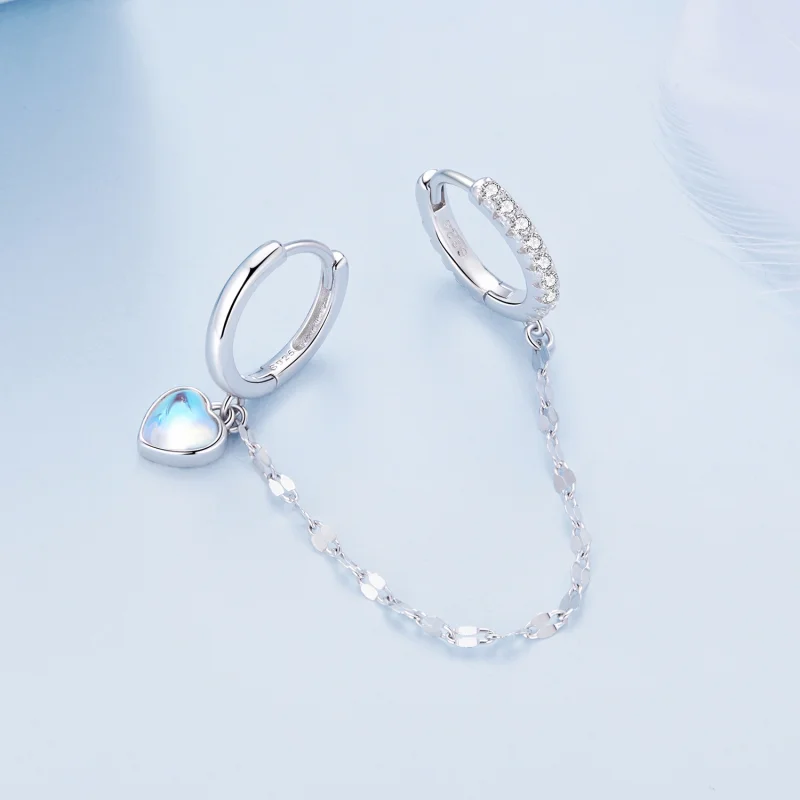 (afbeelding voor) Pandora-stijl dubbele hoepel oorbellen met hartvormige maansteenketting - BSE809 - Bekijken 3