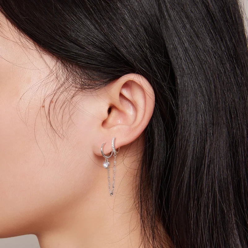 (afbeelding voor) Pandora-stijl dubbele hoepel oorbellen met hartvormige maansteenketting - BSE809 - Bekijken 6