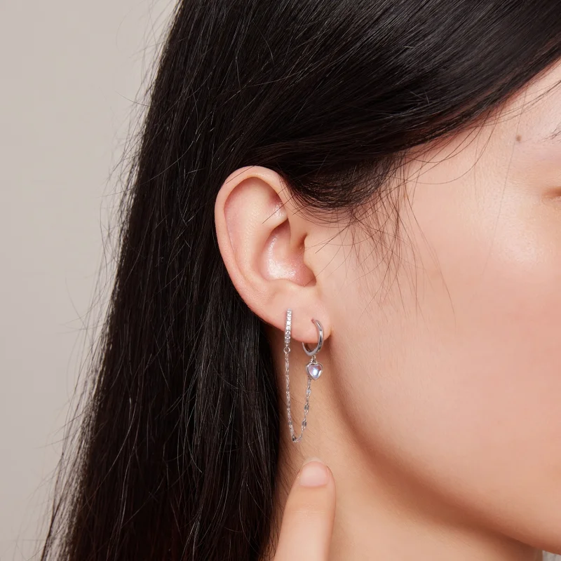 (afbeelding voor) Pandora-stijl dubbele hoepel oorbellen met hartvormige maansteenketting - BSE809 - Bekijken 7