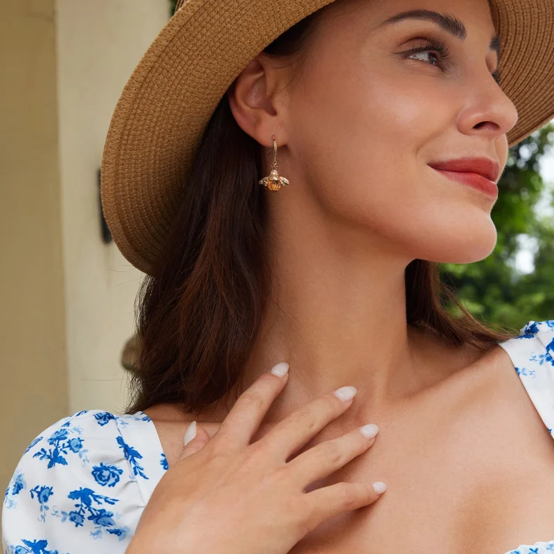 (afbeelding voor) Pandora-stijl Gouden Kleine Bijen Hangende Oorbellen - SCE149-B - Bekijken 5