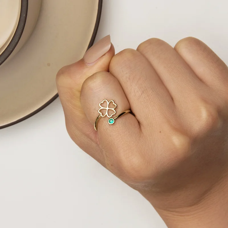 (afbeelding voor) Pandora Stijl Gouden open ring met vierklaver - SCR843-B - Bekijken 6