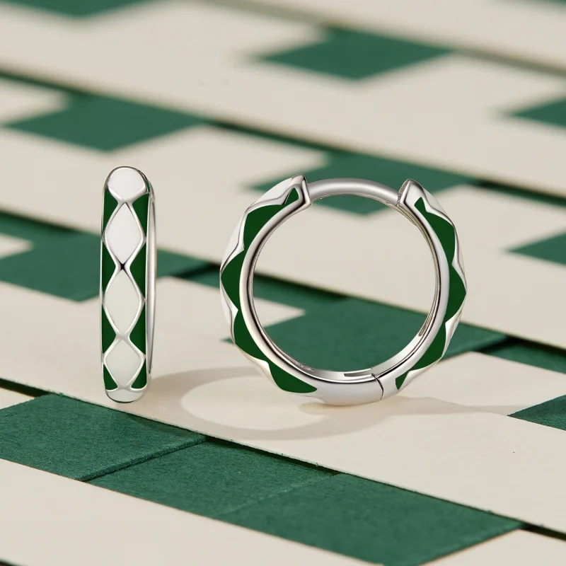 (afbeelding voor) Pandora-stijl Groene en witte diamanten patroon Oorringen - SCE1611-GN - Bekijken 2
