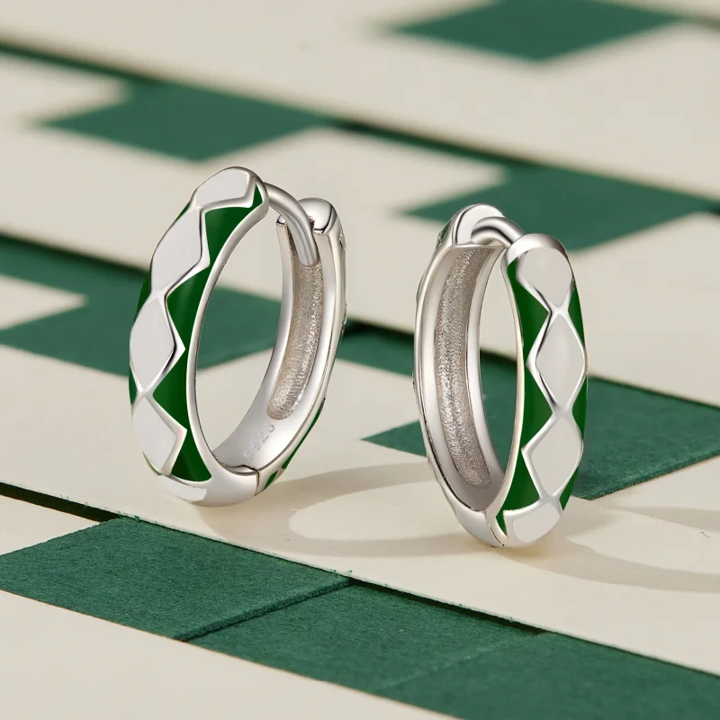 (afbeelding voor) Pandora-stijl Groene en witte diamanten patroon Oorringen - SCE1611-GN - Bekijken 3