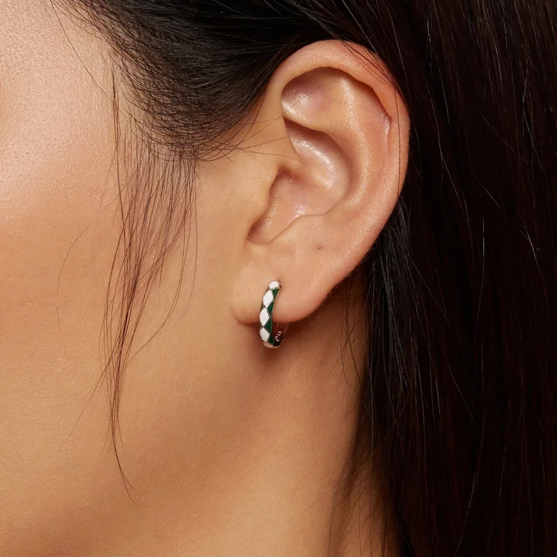 (afbeelding voor) Pandora-stijl Groene en witte diamanten patroon Oorringen - SCE1611-GN - Bekijken 5