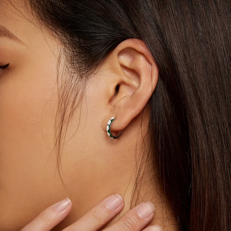 (afbeelding voor) Pandora-stijl Groene en witte diamanten patroon Oorringen - SCE1611-GN - Bekijken 6