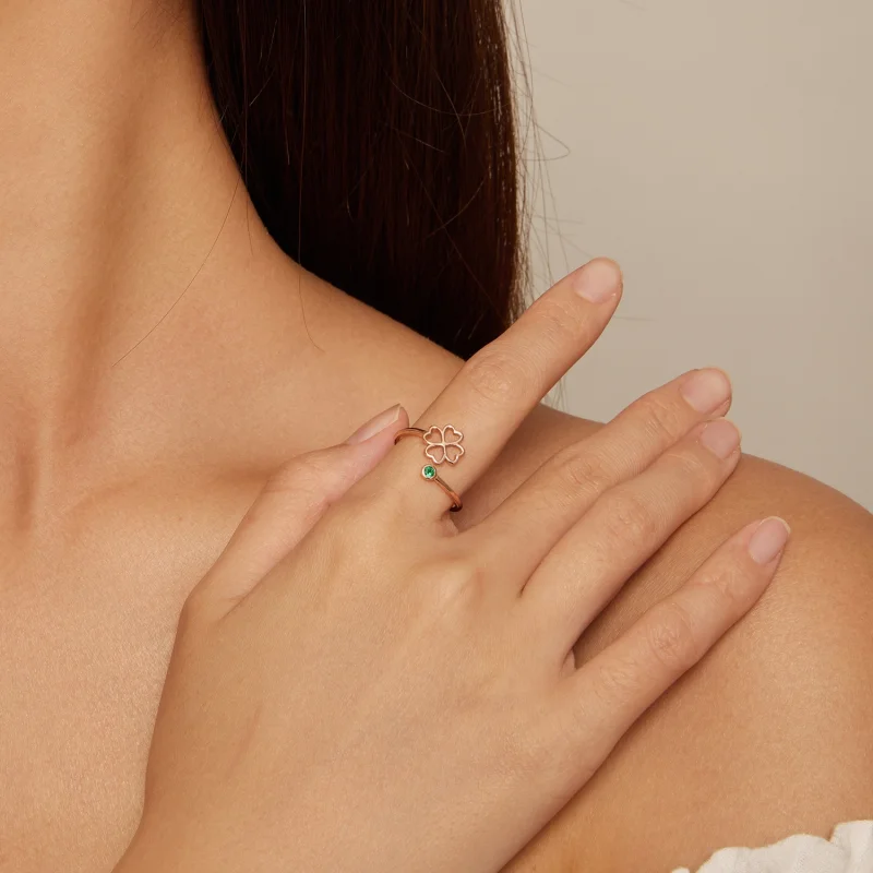 (afbeelding voor) Pandora-stijl Roségouden opengewerkte ring met klavertje vier - SCR843-C - Bekijken 4