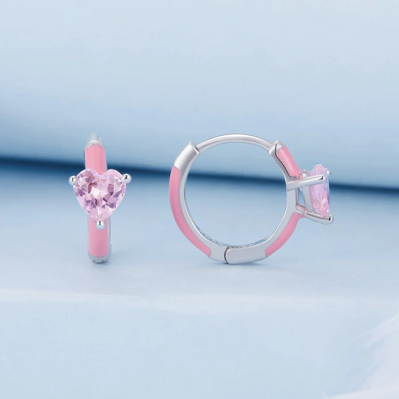 (afbeelding voor) Pandora-stijl Roze Hartvormige Oorringen - BSE813 - Bekijken 2