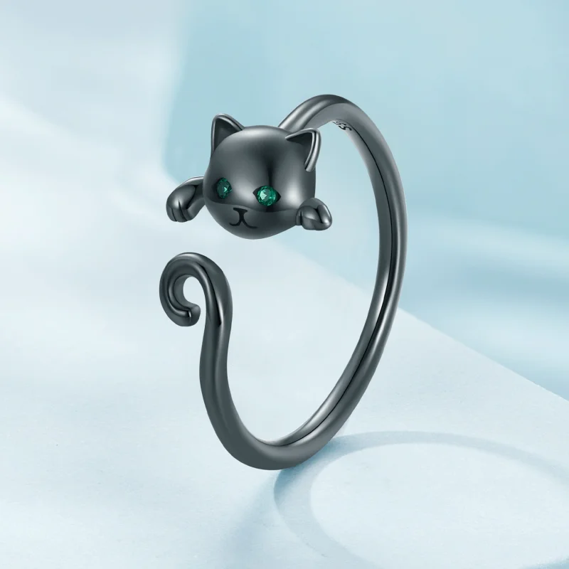 (afbeelding voor) Pandora Stijl Zwarte Schattige Kat Open Ring - SCR707-D - Bekijken 2