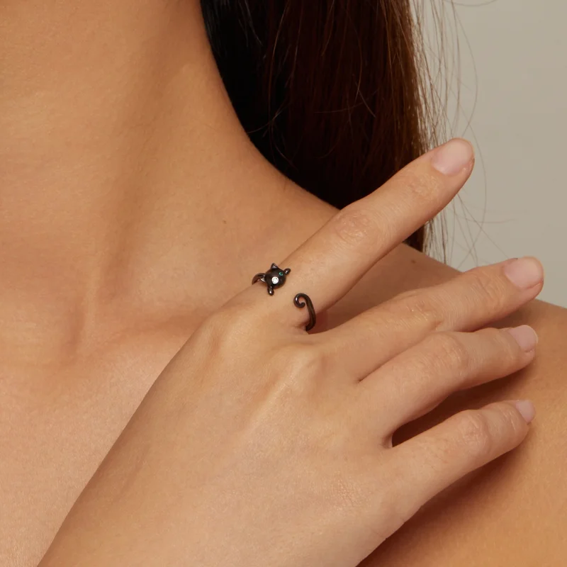 (afbeelding voor) Pandora Stijl Zwarte Schattige Kat Open Ring - SCR707-D - Bekijken 4