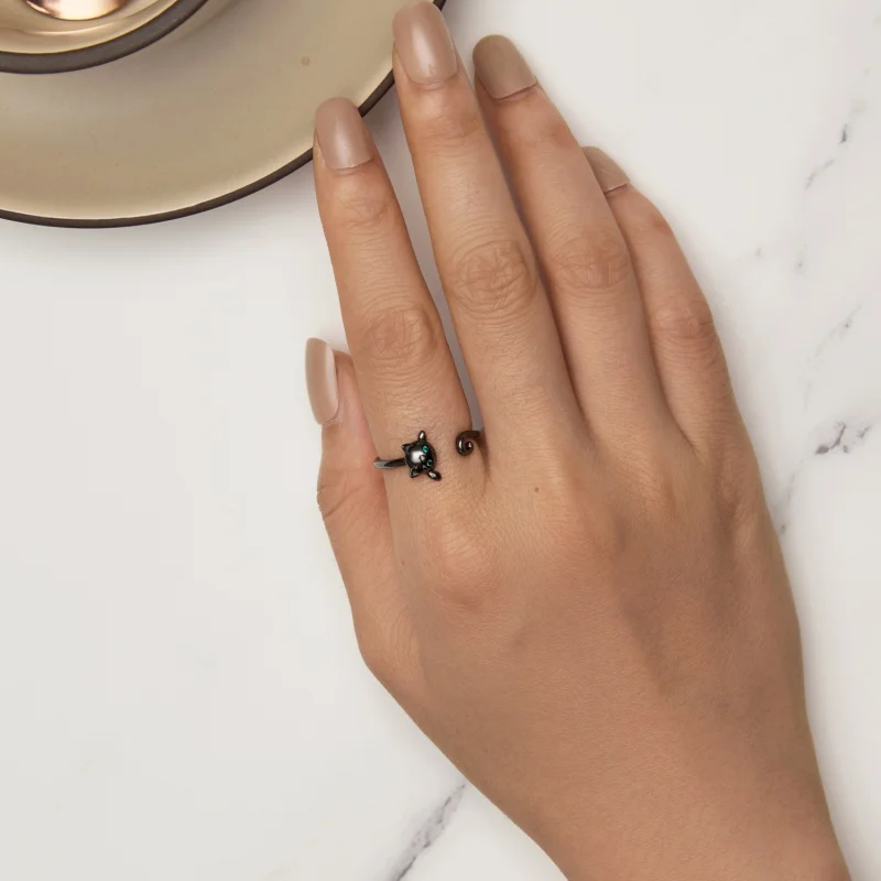 (afbeelding voor) Pandora Stijl Zwarte Schattige Kat Open Ring - SCR707-D - Bekijken 5