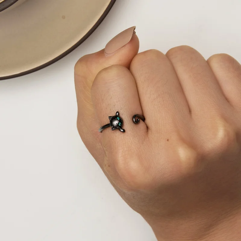 (afbeelding voor) Pandora Stijl Zwarte Schattige Kat Open Ring - SCR707-D - Bekijken 6