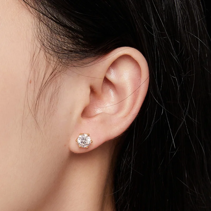 (afbeelding voor) Pandora-stijl vergulde oorbellen met één karaat zeszijdige Moissanite steen - MS - Bekijken 4