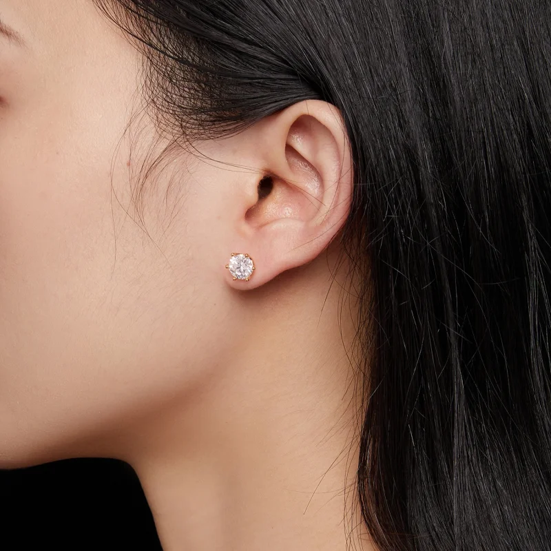 (afbeelding voor) Pandora-stijl vergulde oorbellen met één karaat zeszijdige Moissanite steen - MS - Bekijken 5