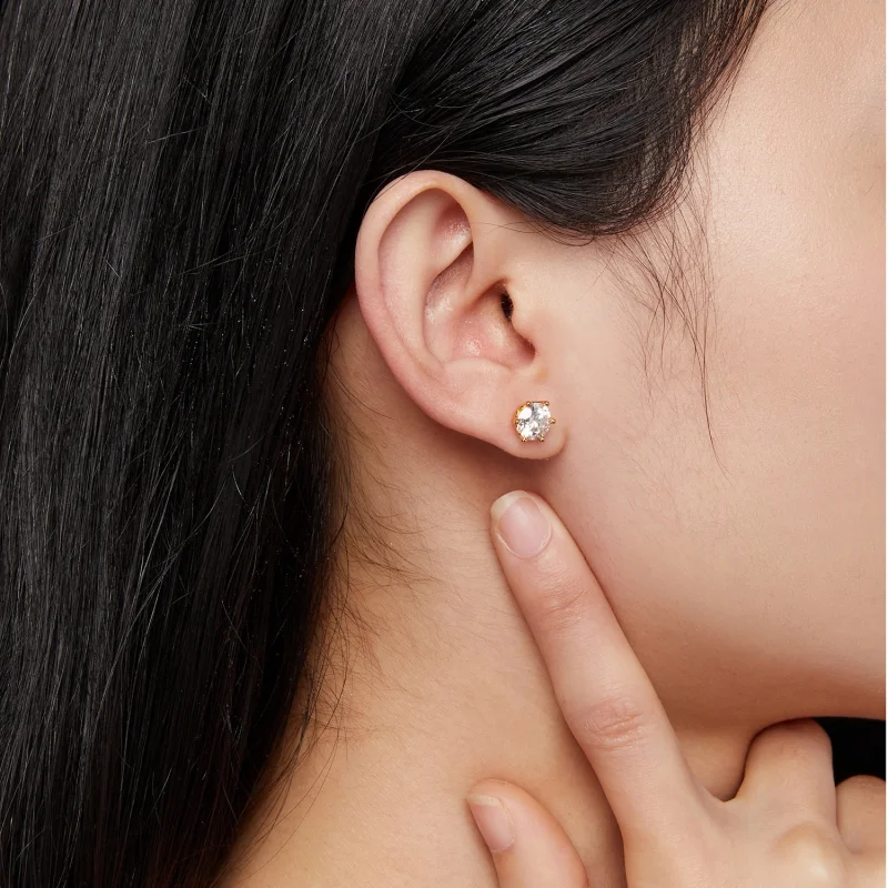 (afbeelding voor) Pandora-stijl vergulde oorbellen met één karaat zeszijdige Moissanite steen - MS - Bekijken 6