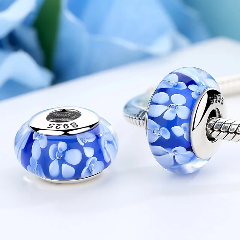 (afbeelding voor) Pandora Style Blauwe Murano Glas Witte Bloemen Bedel - SCZ006 - Bekijken 4