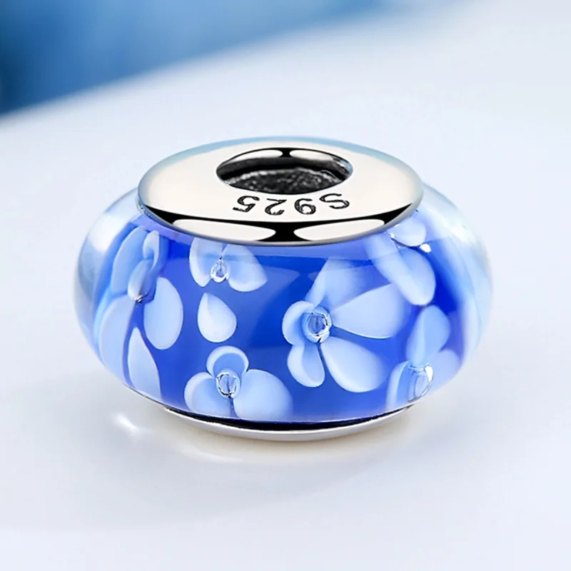 (afbeelding voor) Pandora Style Blauwe Murano Glas Witte Bloemen Bedel - SCZ006 - Bekijken 5