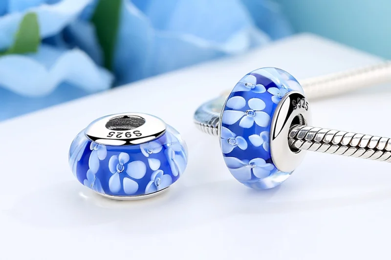 (afbeelding voor) Pandora Style Blauwe Murano Glas Witte Bloemen Bedel - SCZ006 - Bekijken 8