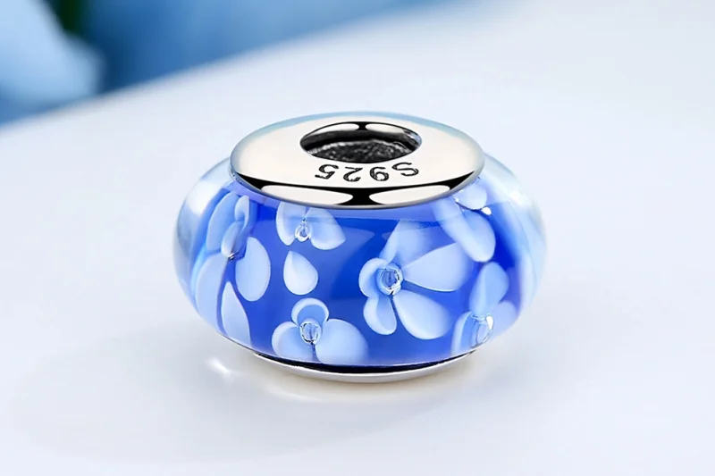 (afbeelding voor) Pandora Style Blauwe Murano Glas Witte Bloemen Bedel - SCZ006 - Bekijken 9