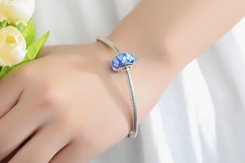 (afbeelding voor) Pandora Style Blauwe Murano Glas Witte Bloemen Bedel - SCZ006 - Bekijken 10
