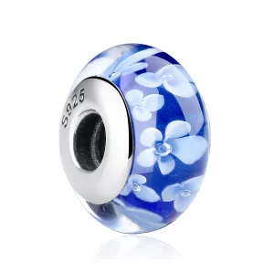 (afbeelding voor) Pandora Style Blauwe Murano Glas Witte Bloemen Bedel - SCZ006
