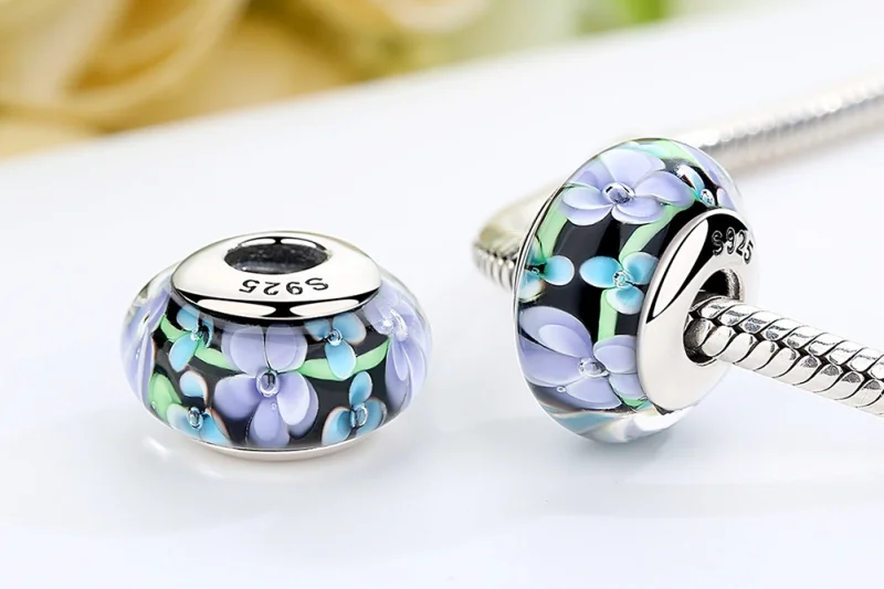 (afbeelding voor) Pandora Style Paarse bloemen Murano Glas Bedel - SCZ009 - Bekijken 7