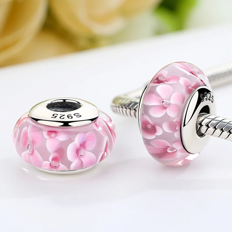 (afbeelding voor) Pandora Style Roze Bloemen Murano Glas Bedel - SCZ008 - Bekijken 3