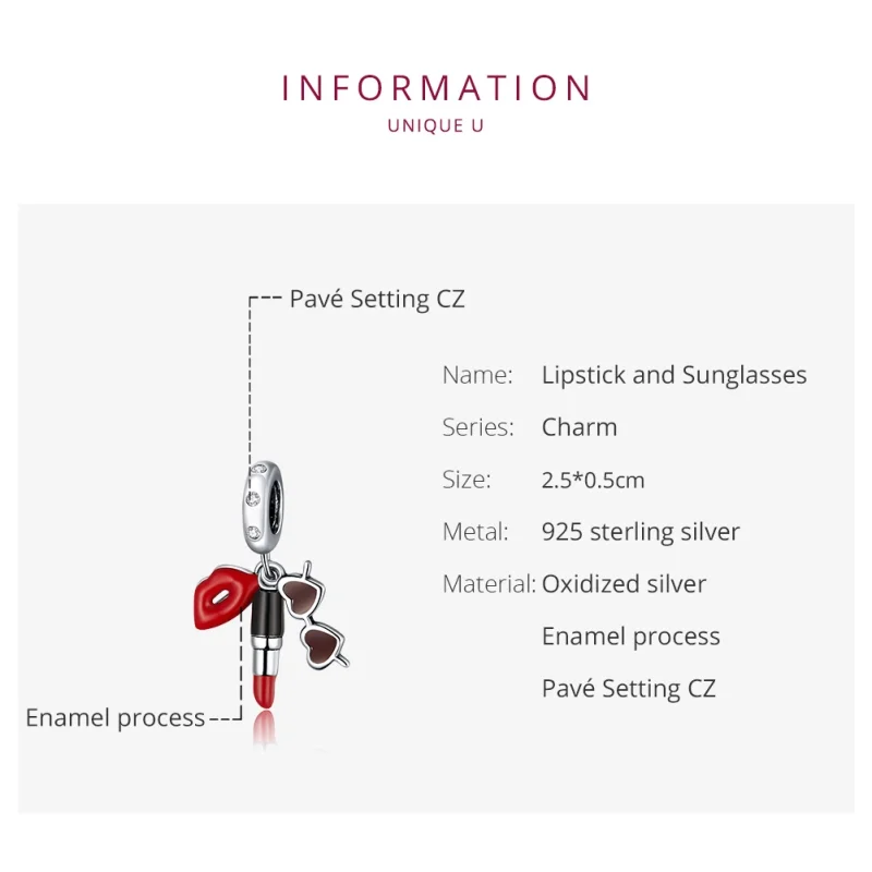 (afbeelding voor) Pandora Style Lippenstift en zonnebril Hangende Bedel - BSC346 - Bekijken 6