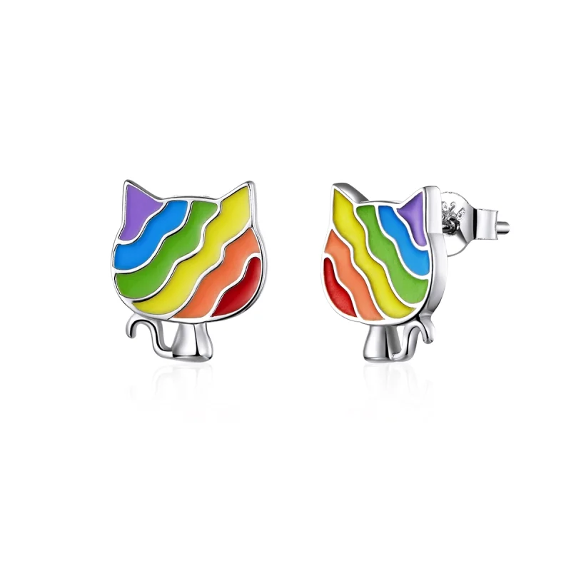 (afbeelding voor) Pandora Style Regenboog Kitty Oorknopjes - SCE823