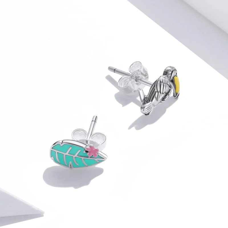 (afbeelding voor) Pandora Style Vogel en blad met grote snavel Oorknopjes - SCE1083 - Bekijken 2