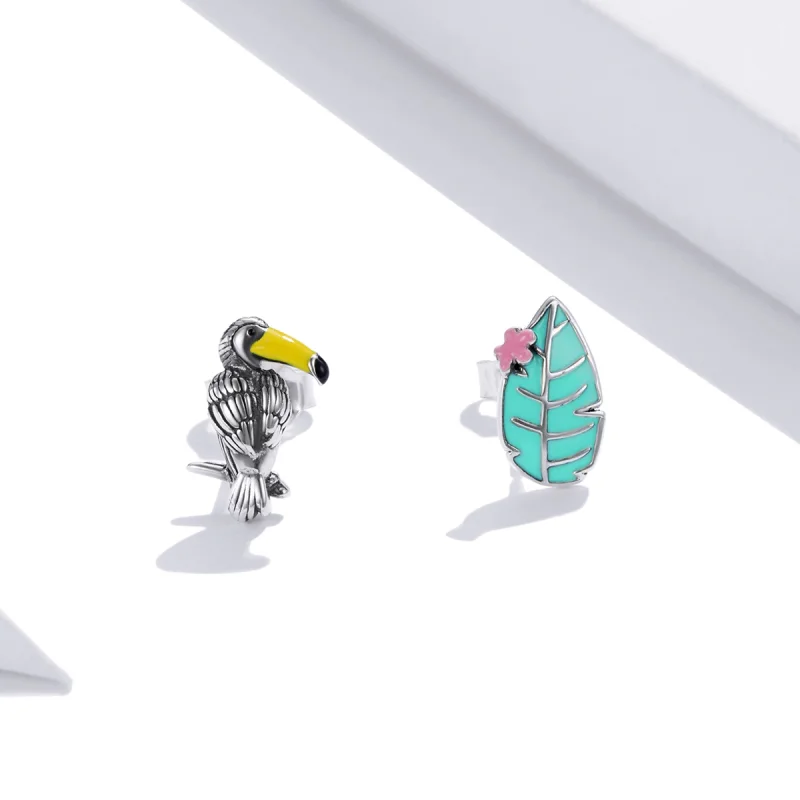 (afbeelding voor) Pandora Style Vogel en blad met grote snavel Oorknopjes - SCE1083 - Bekijken 3