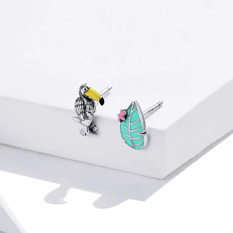 (afbeelding voor) Pandora Style Vogel en blad met grote snavel Oorknopjes - SCE1083 - Bekijken 4