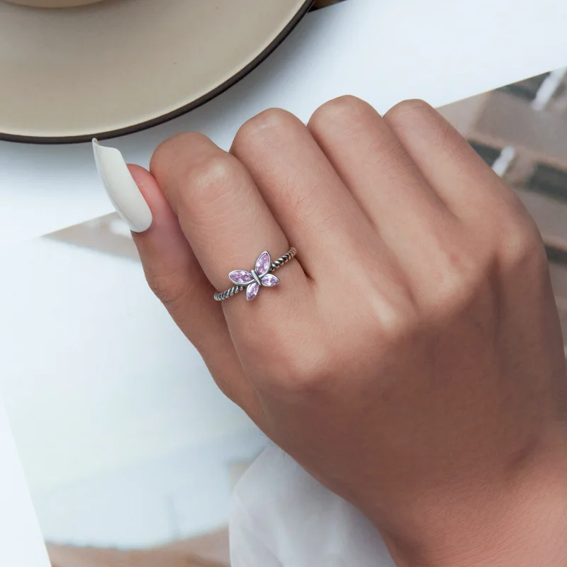 (afbeelding voor) Pandora Style Roze Vlinder Twist Open Ring - SCR872 - Bekijken 5