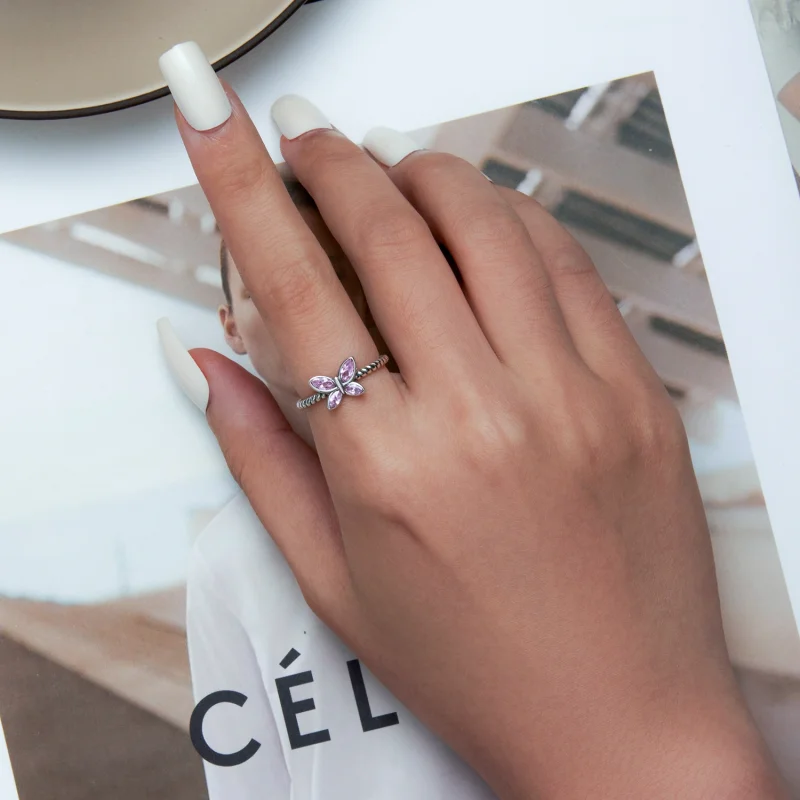 (afbeelding voor) Pandora Style Roze Vlinder Twist Open Ring - SCR872 - Bekijken 6