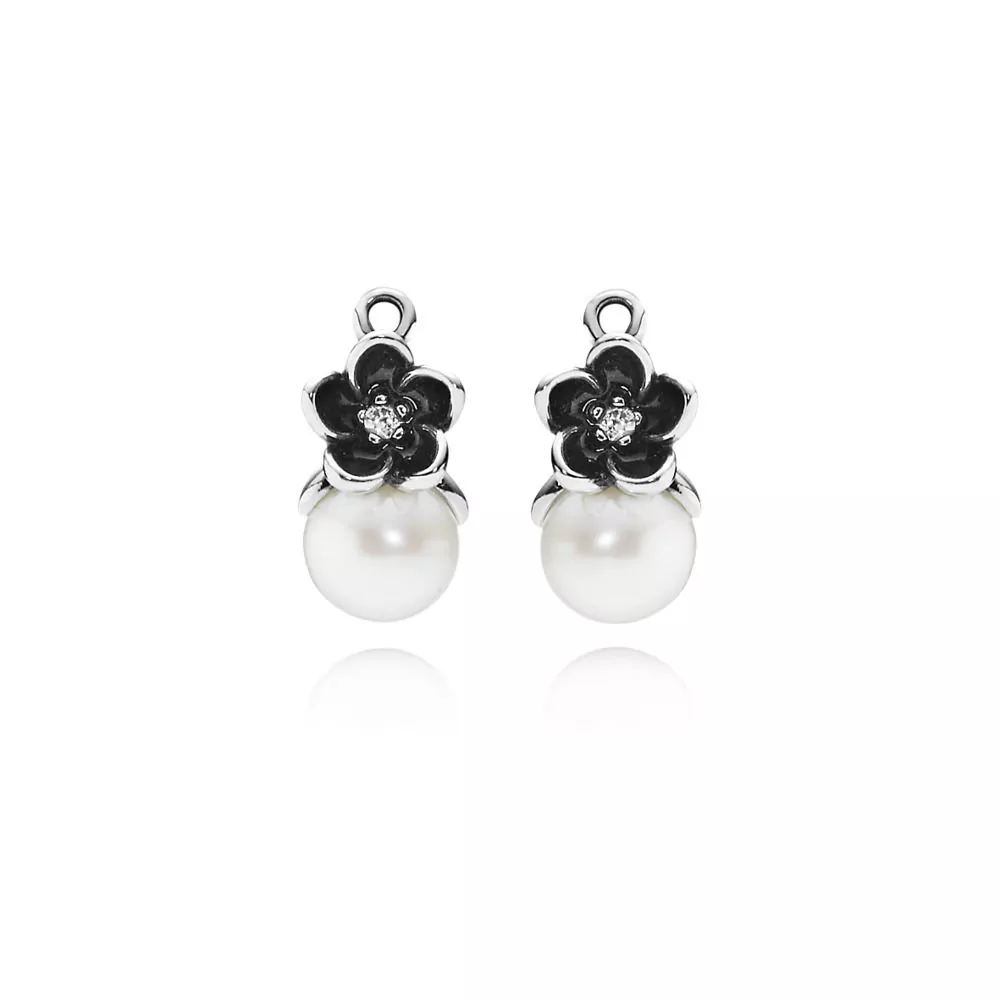 PANDORA Floral Silver Pendant Earrings With White Freshwater Cultured Pearls, Cubic Zirconia And Black Enamel - 290684P