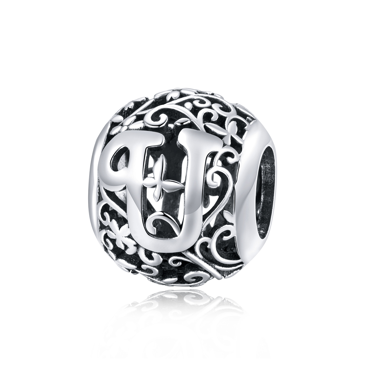 Pandora Style Opengewerkte Bloem Letter U Bedel - SCC1444-U Pandora Style Opengewerkte Bloem Letter U Bedel - SCC1444-U