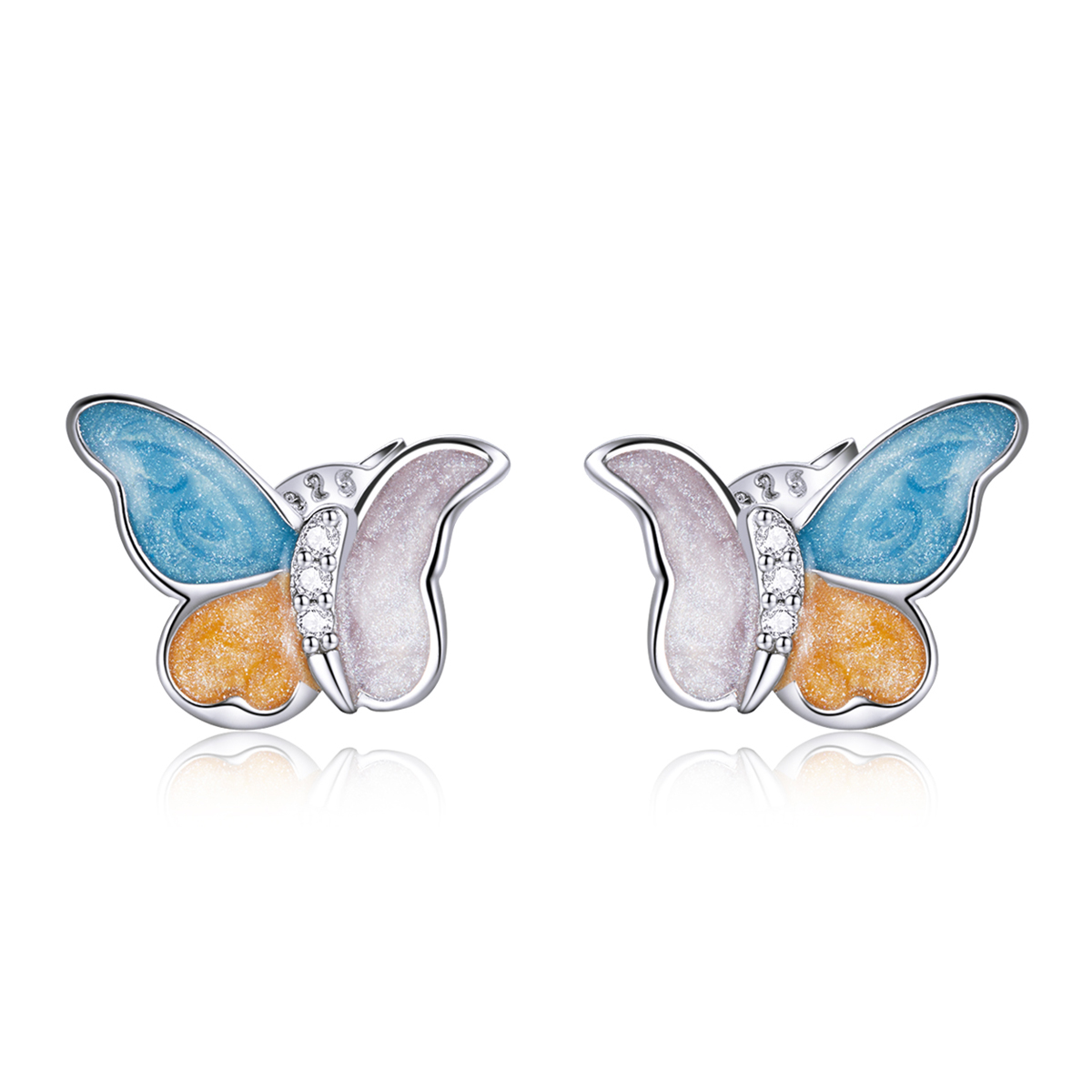 Pandora Style Vlinder met drie kleuren Oorknopjes - SCE1156 Pandora Style Vlinder met drie kleuren Oorknopjes - SCE1156