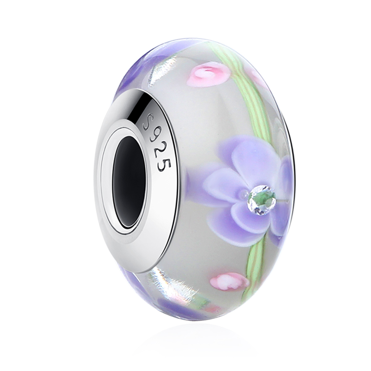 Pandora Style Blauweregen Bloemen Murano Glas Bedel - SCZ019 Pandora Style Blauweregen Bloemen Murano Glas Bedel - SCZ019