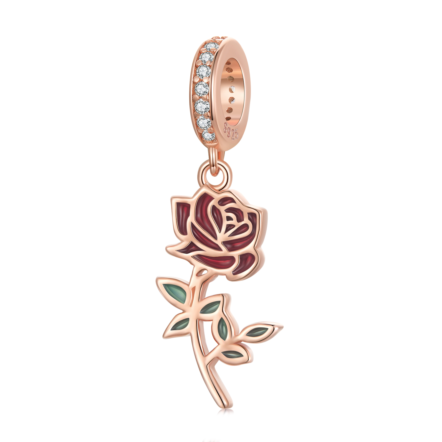 Pandora Style Rode Roos Hangende Bedel - BSC642 Pandora Style Rode Roos Hangende Bedel - BSC642