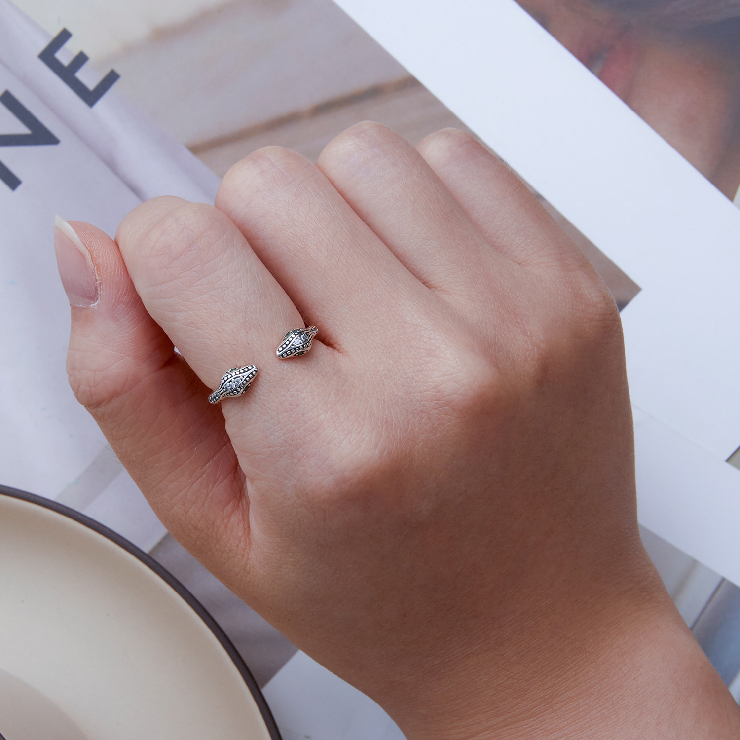 Pandora Style Tweekoppige slang Open Ring - BSR317