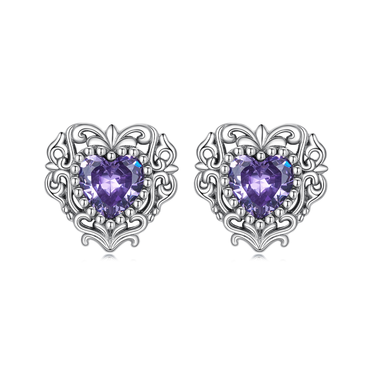 Pandora Style Paars Zirkoon Hart Oorknopjes - BSE695 Pandora Style Paars Zirkoon Hart Oorknopjes - BSE695
