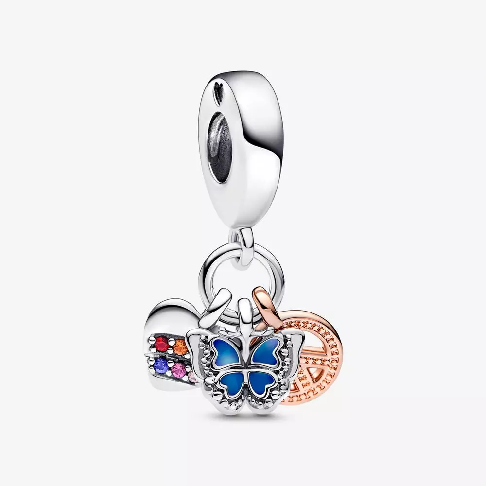 PANDORA Twee-Tone Regenboog Hart, Vlinder & Vrede Triple Dangle Bedel - 782572C01
