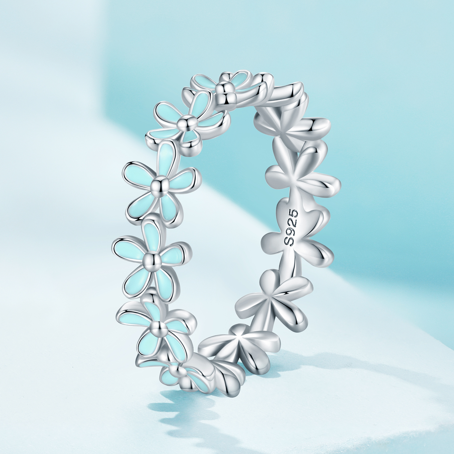 Pandora-stijl Ring met een klein blauw bloemetje - SCR931