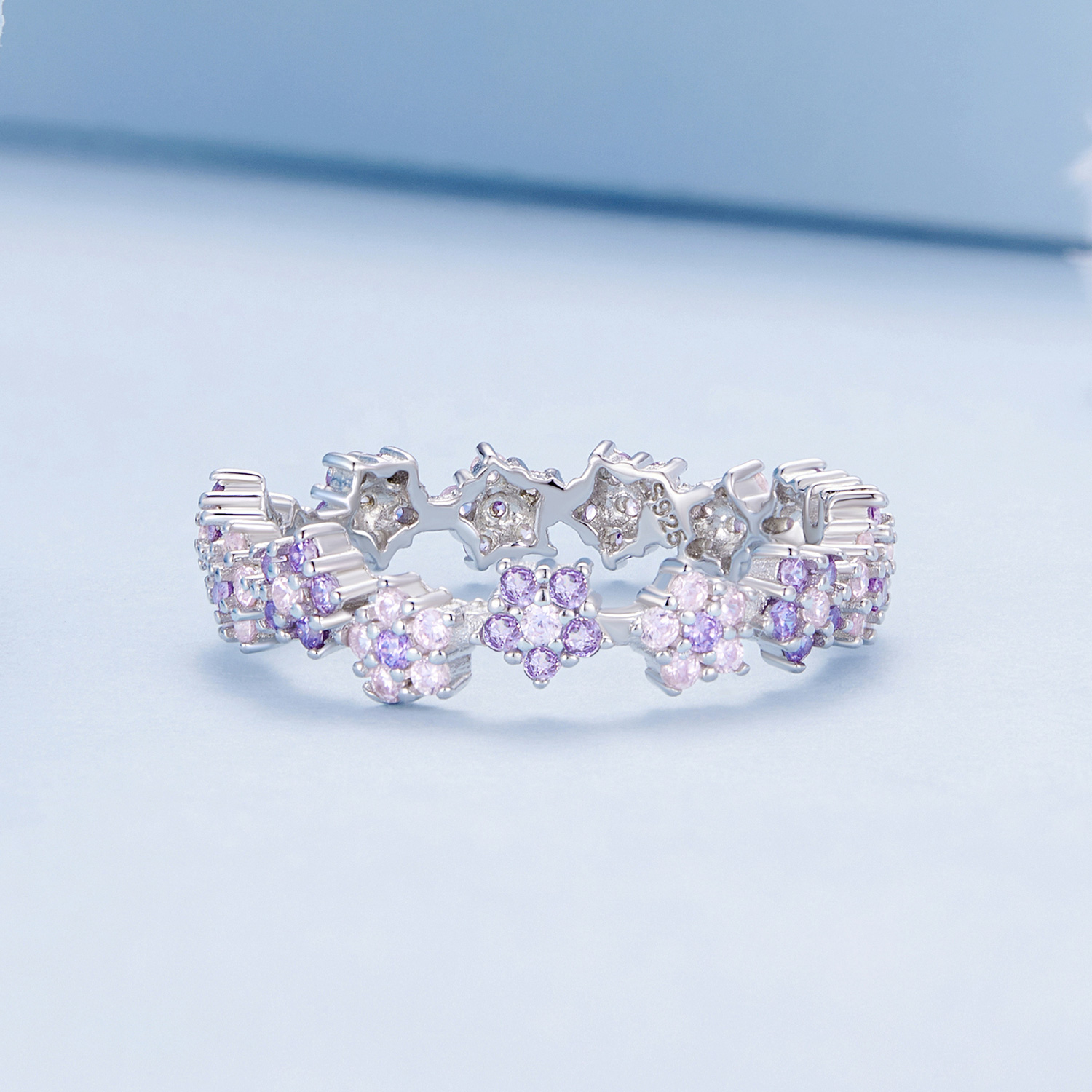 Pandora Stijl Paarse Bloem Prachtige Zirkonia Ring - BSR359