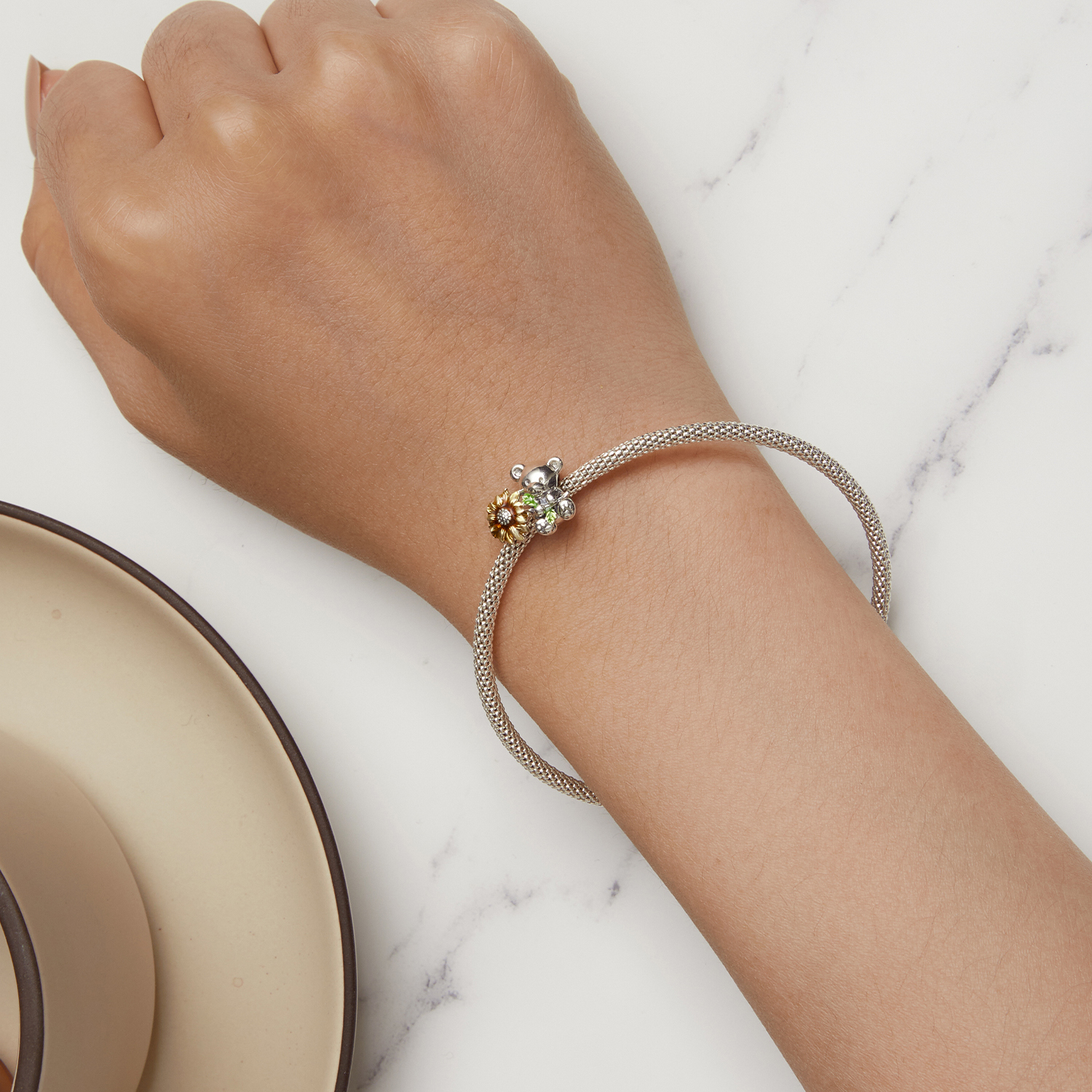 Pandora Stijl Zonnebloem en Beer Bedel - SCC2560