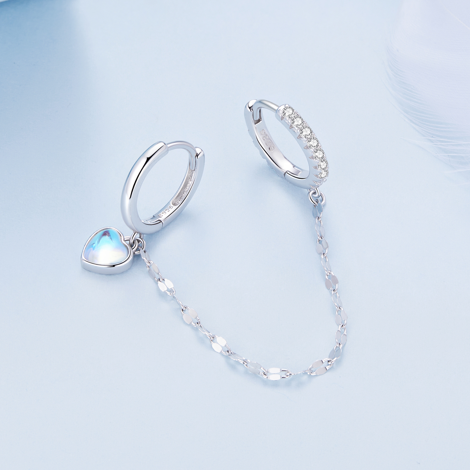 Pandora-stijl dubbele hoepel oorbellen met hartvormige maansteenketting - BSE809
