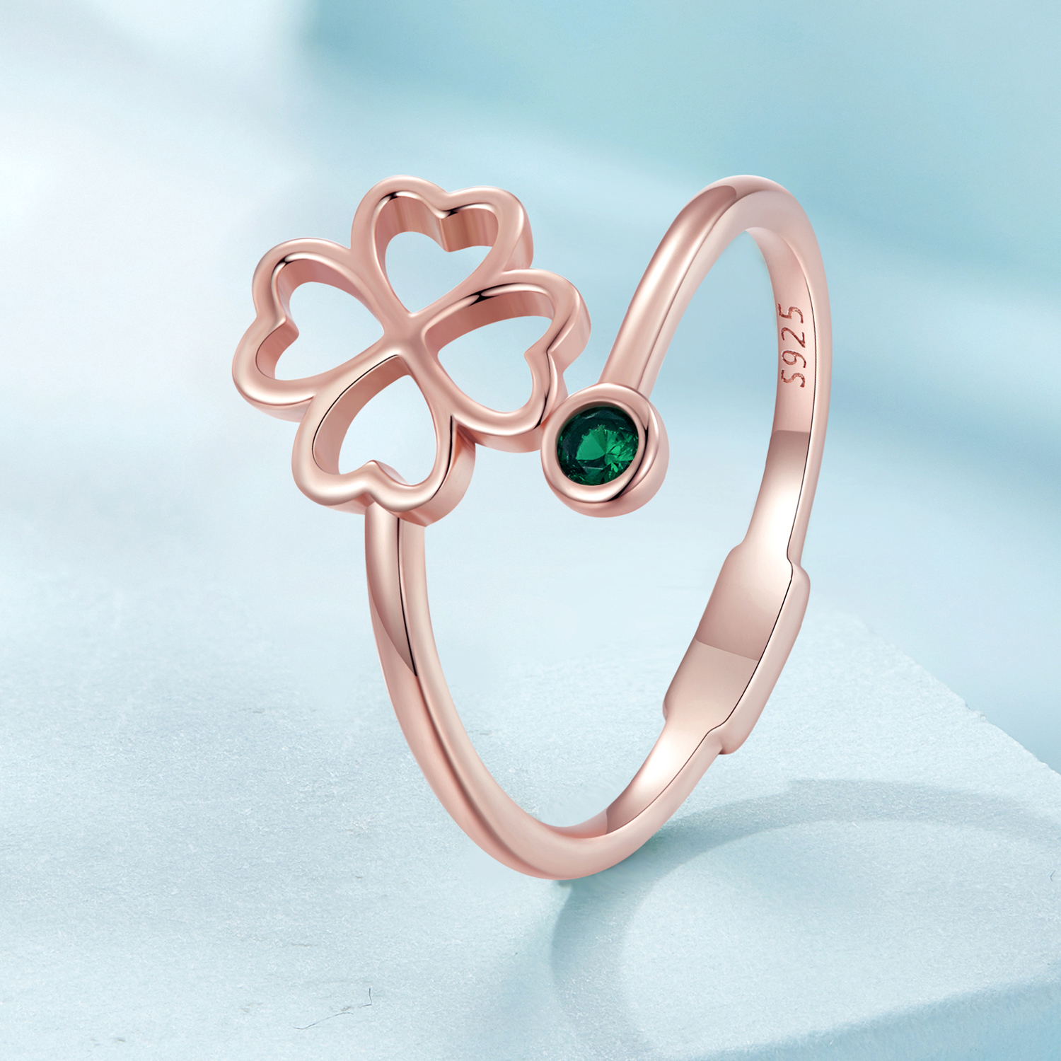 Pandora-stijl Roségouden opengewerkte ring met klavertje vier - SCR843-C