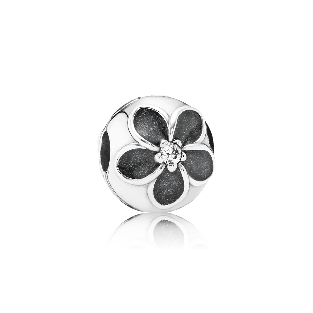 PANDORA Floral Silver Clip With Cubic Zirconia And Black Enamel - 791408CZ
